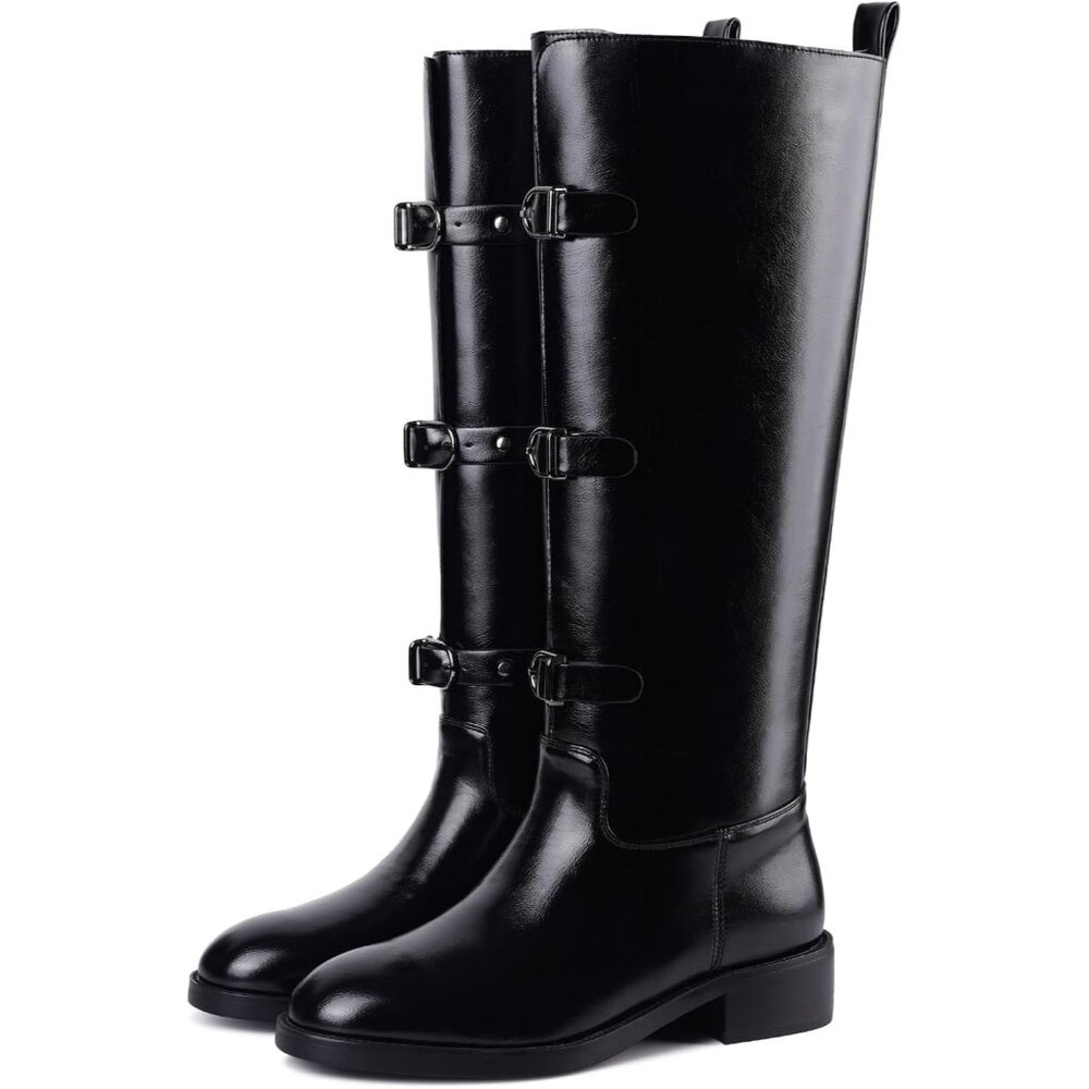 Women's C-Black Round Toe Wide Calf Chunky Low Heel Pull Knee High Boots Rubber